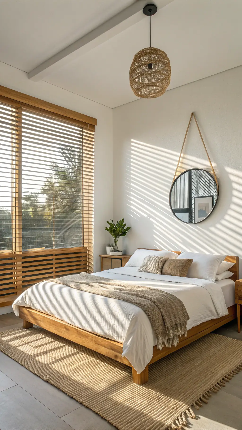Zen master bedroom with afternoon sunlight streaming through bamboo blinds onto a king-size teak wood bed with white cotton sheets and undyed wool throw, matching floating nightstands, and a full-length mirror, as viewed from a corner perspective.