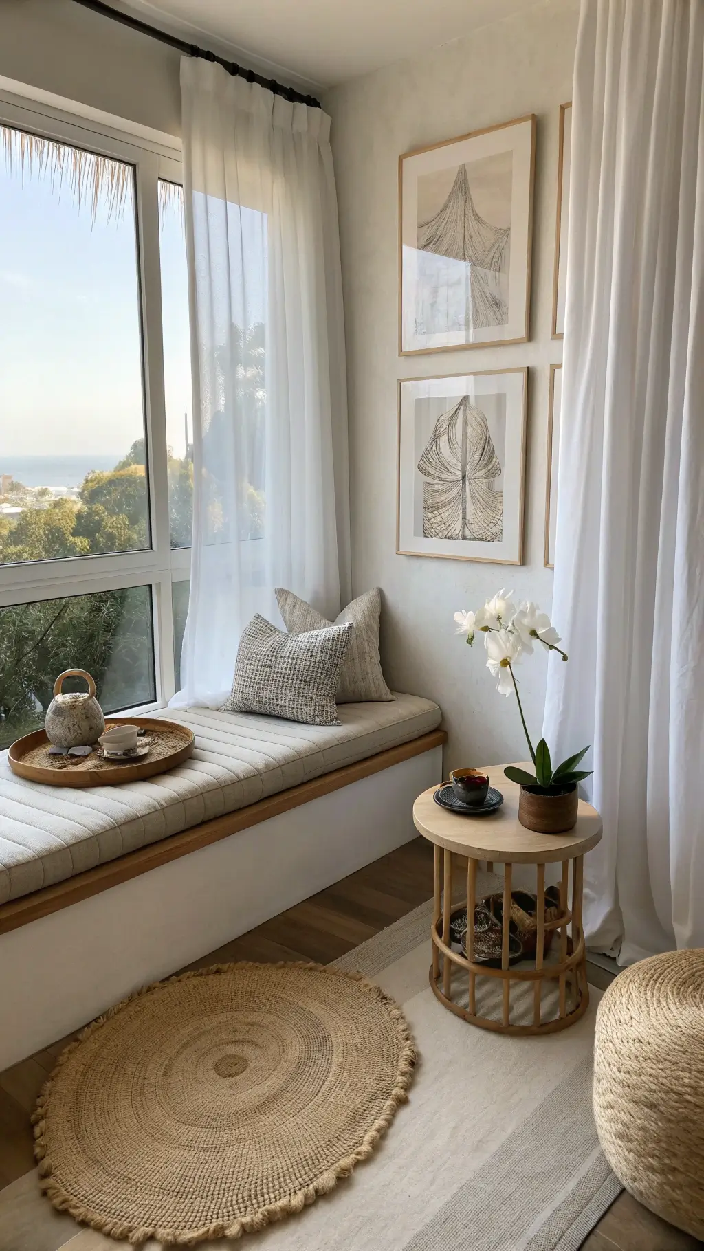 Zen bedroom reading nook with natural lighting, featuring upholstered bench, bamboo side table with tea set, orchid bloom, wool cushion, yoga blankets in a basket, large earth-toned abstract art, and jute rug.