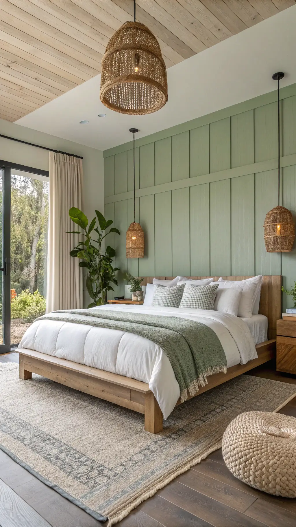 Zen bedroom sanctuary with platform bed, pendant lights, live-edge bench, and fiddle leaf fig at golden hour