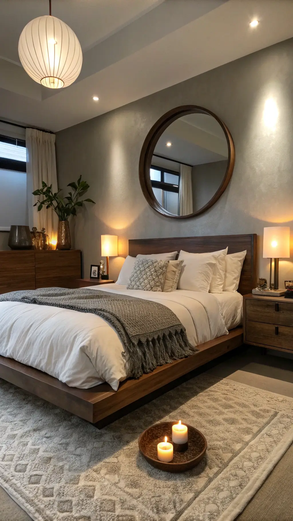 Zen bedroom at twilight featuring low walnut bed, brass task lamps, and meditation altar, all under the reflection of a large circular mirror on dove gray walls