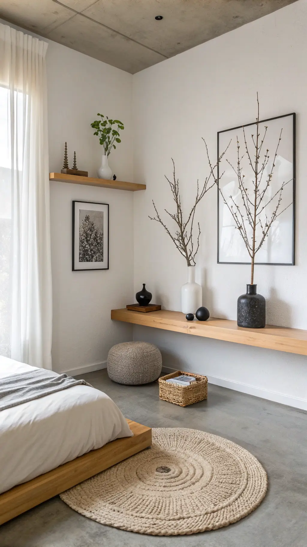 Minimalist zen bedroom corner with diffused northern light, featuring a floating wood shelf with a white vase, a black stone and an air plant, a meditation cushion on a concrete floor with a jute rug, and a single piece of sumi-e ink artwork on the white wall.