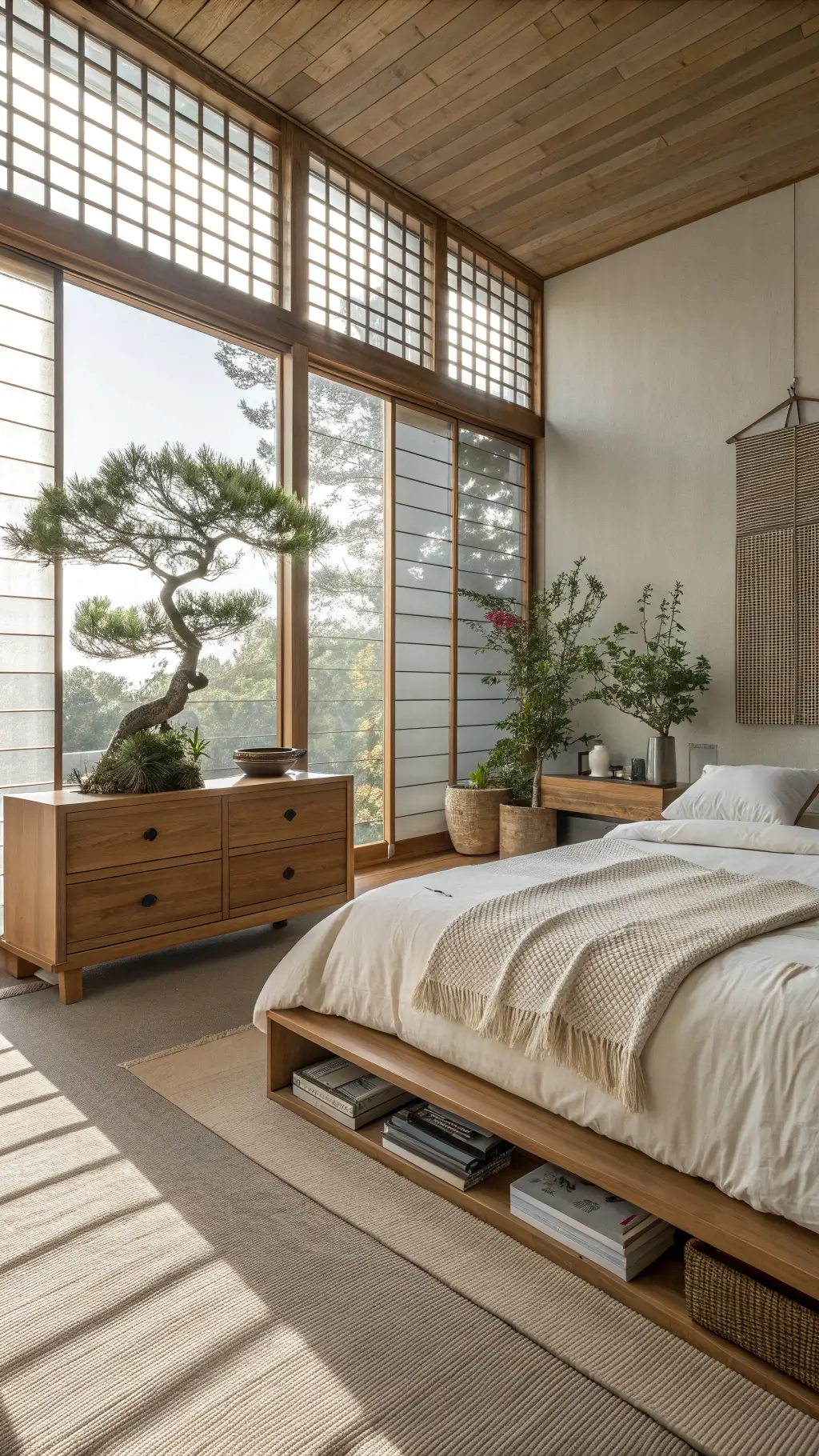 Zen bedroom with floor-to-ceiling windows, bamboo screens, natural pine platform bed with textured bedding, simple dresser with essentials and wall-mounted pothos plants