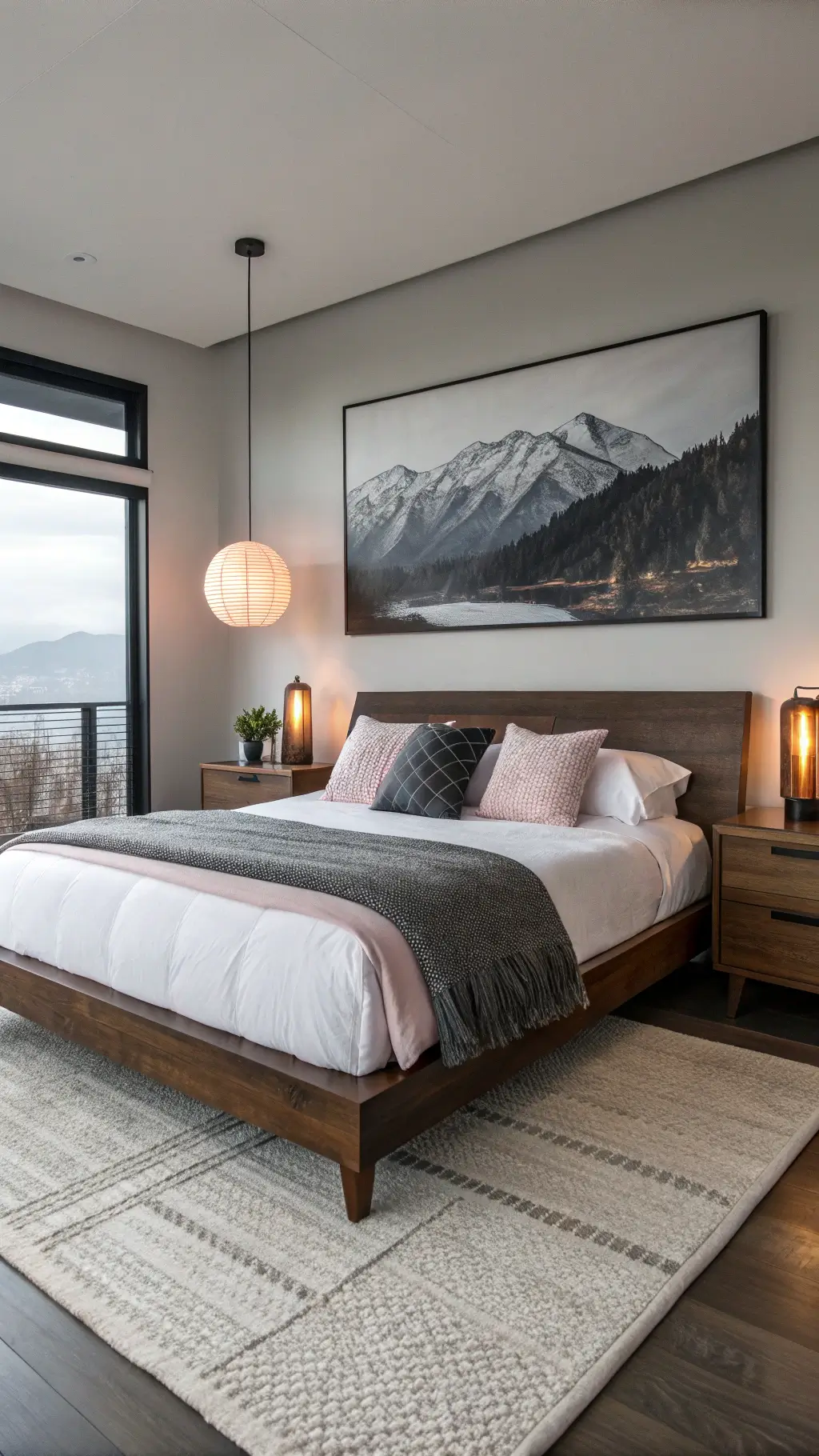 Zen bedroom with dark walnut bed, white bedding, matching nightstands with salt lamps, minimalist mountains wall art, and meditation mat in soft dawn light.