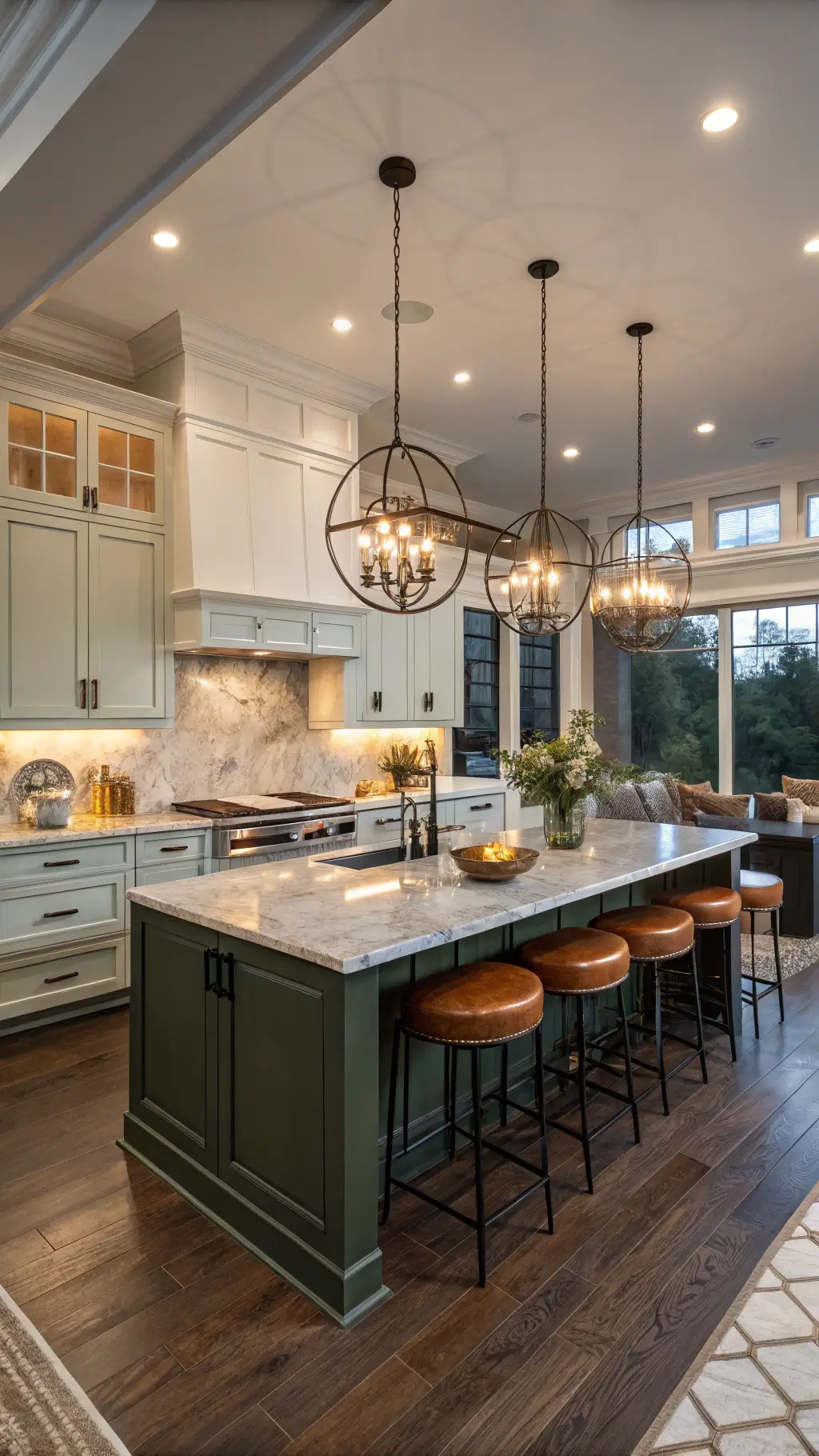 2558dusk sage kitchen black marble island open concept