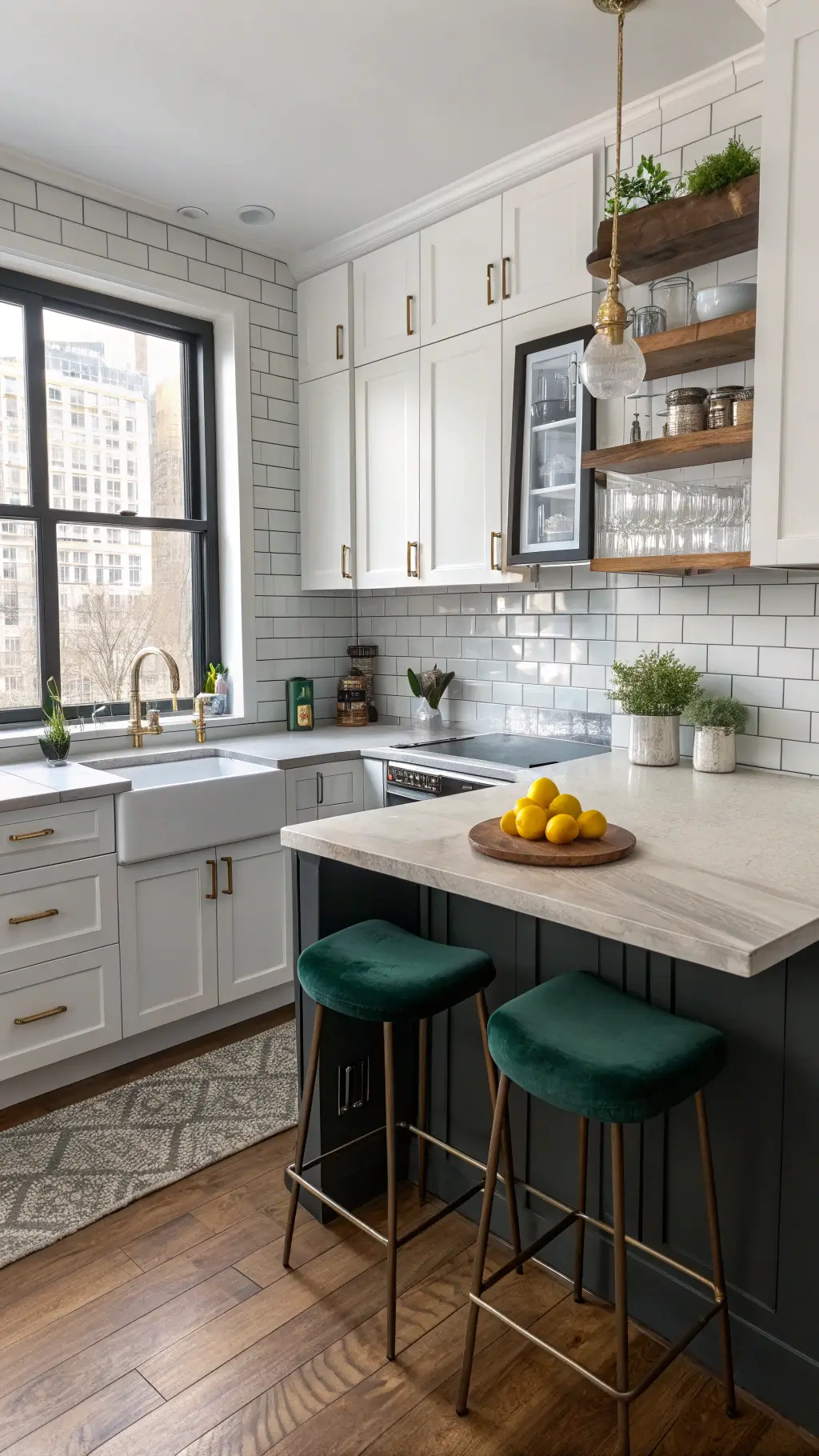 2559cozy apartment kitchen emerald stools brass