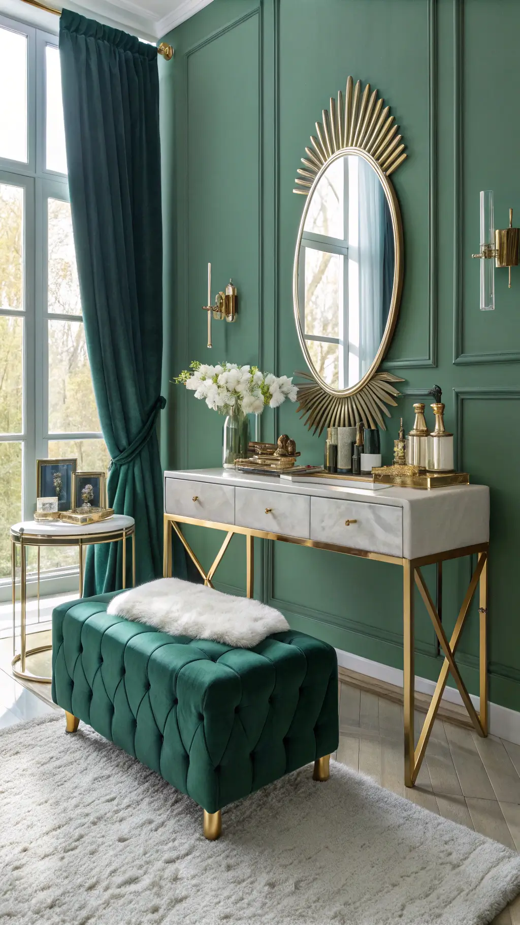2567art deco bedroom emerald vanity morning light