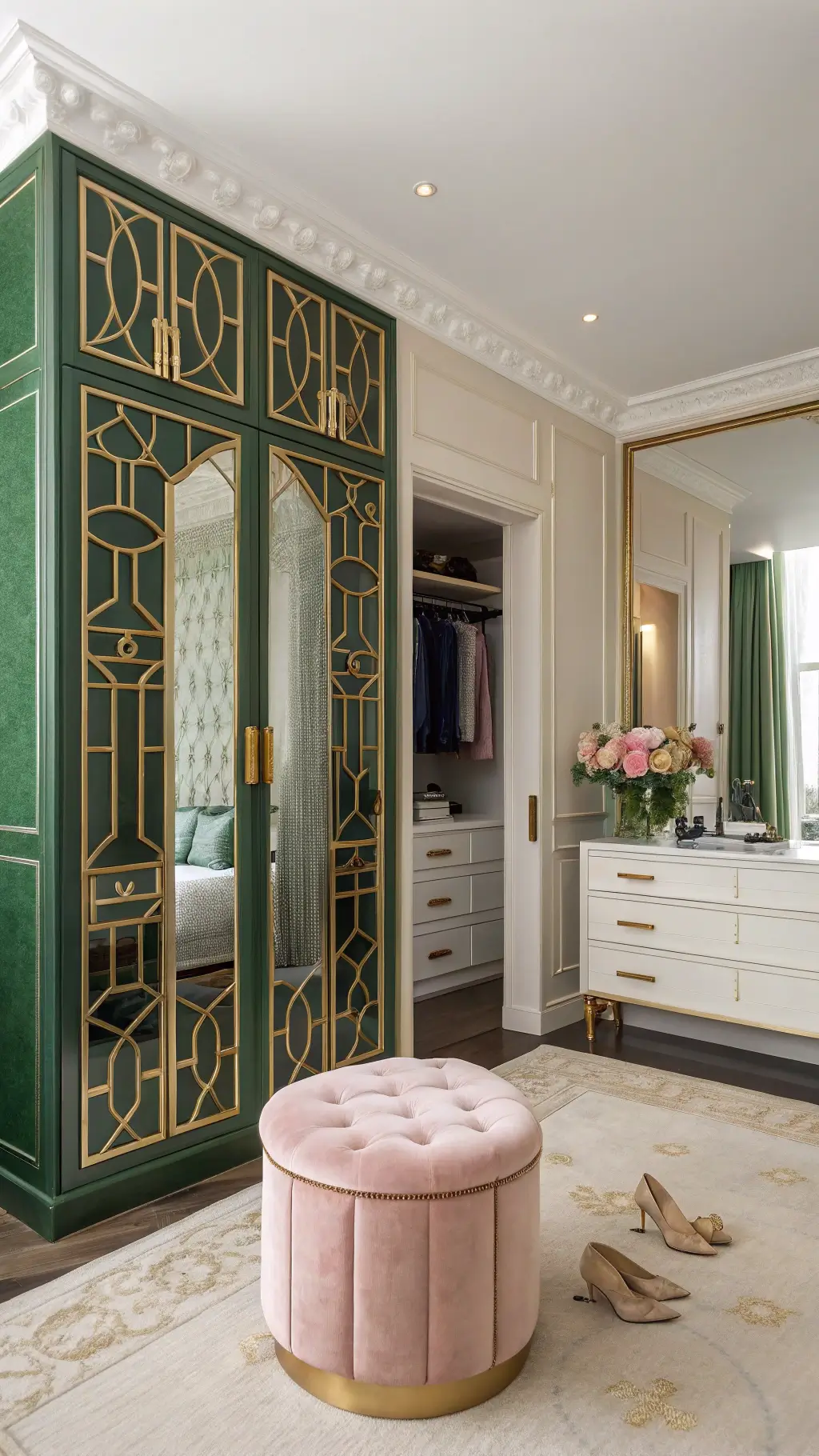 2571art deco dressing area emerald velvet morning light