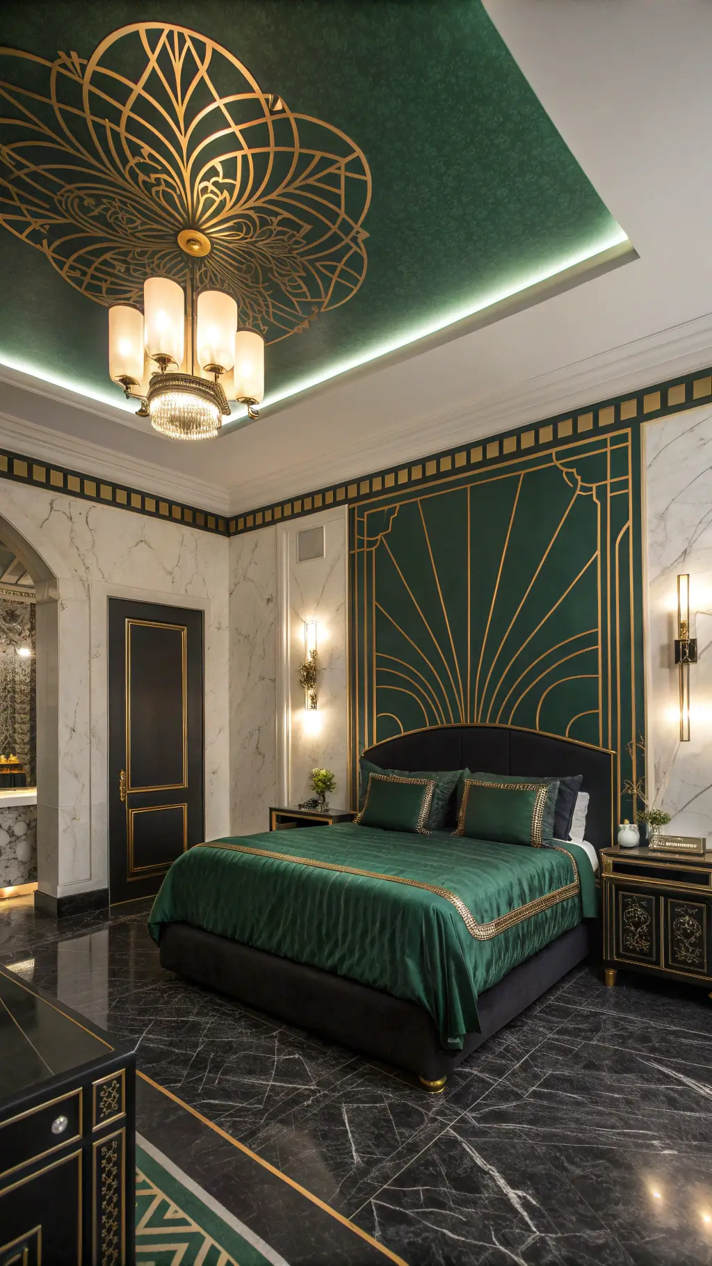 2572art deco emerald bedroom dramatic lighting