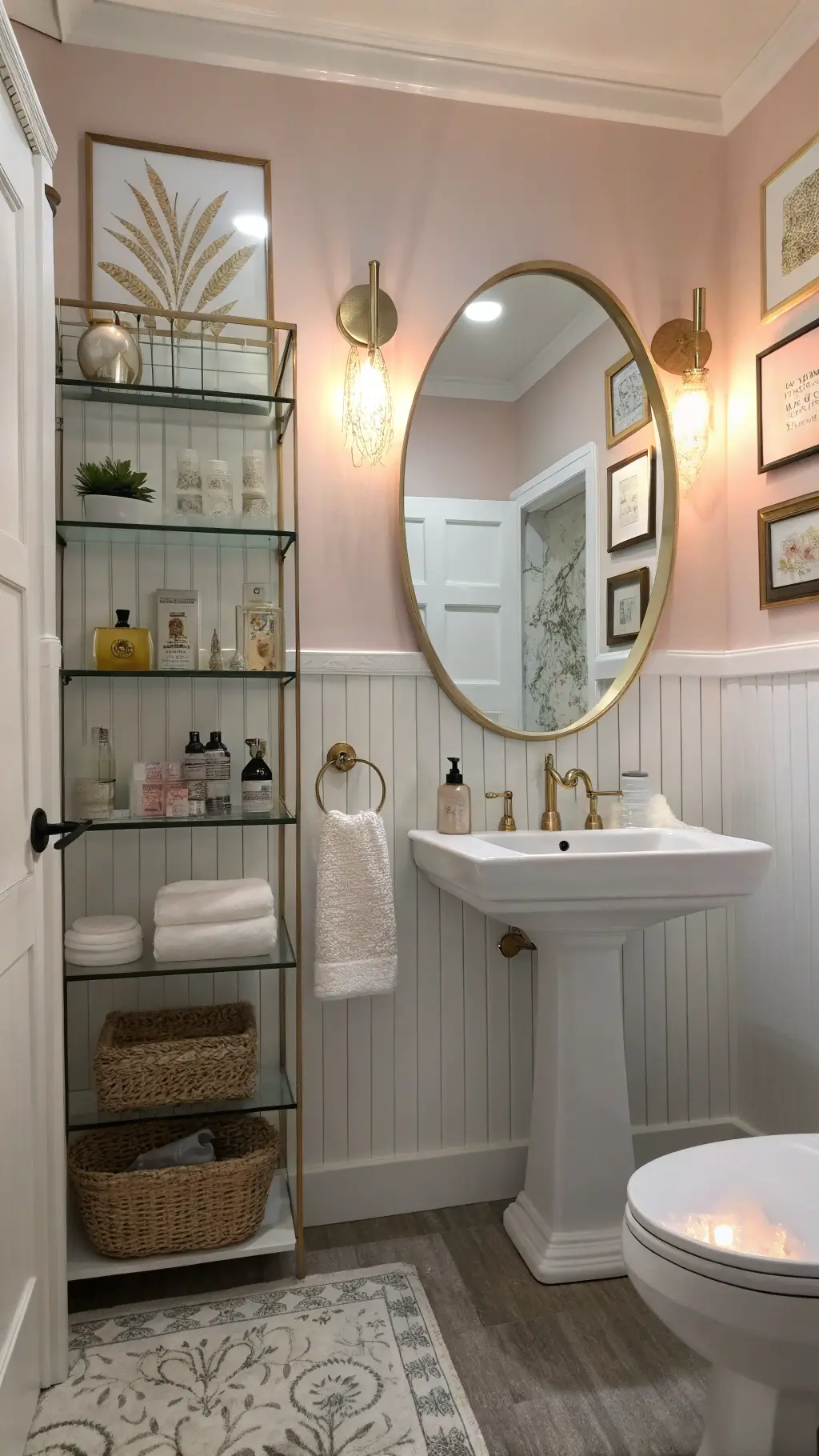 2578sophisticated small bathroom blush pink blue hour lighting