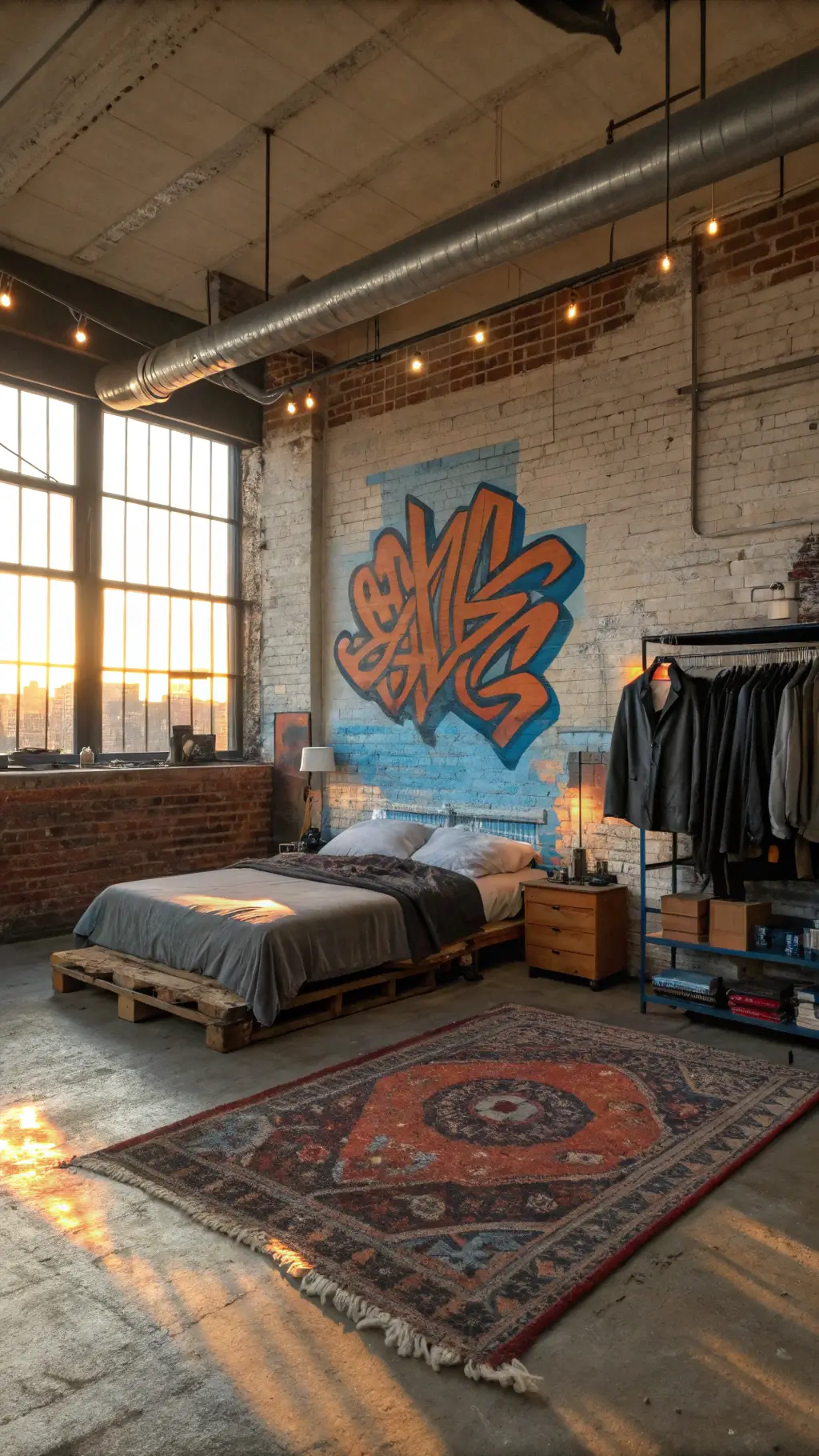 Urban bedroom interior with graffiti wall, reclaimed wood bed, vintage decor and industrial design elements in golden hour lighting