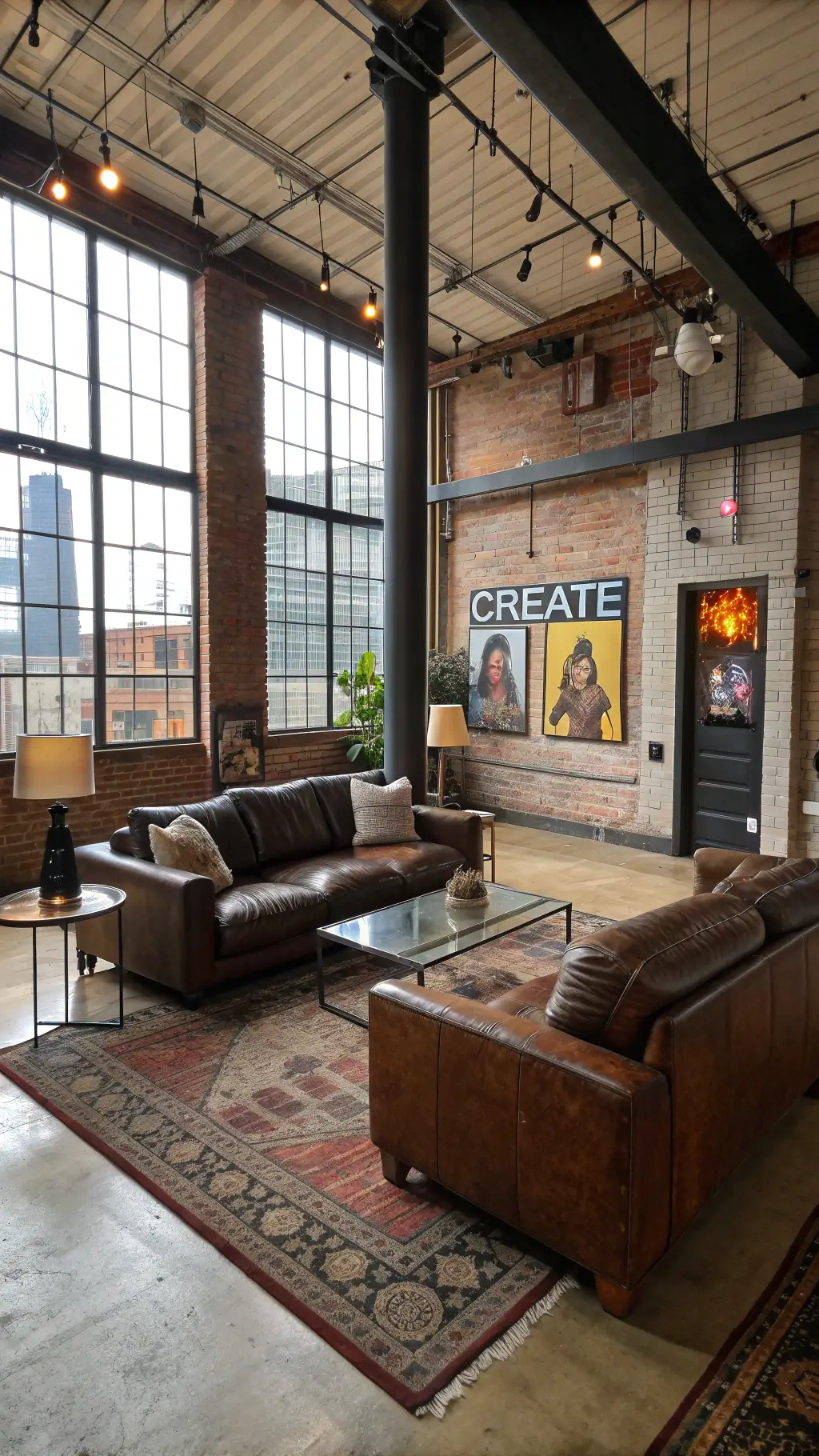 Cinematic loft living room with afternoon light filtering through warehouse windows, weathered leather sectional, industrial coffee table, matte black ductwork, concrete pillars with posters, wool throws, and a neon 'CREATE' sign.