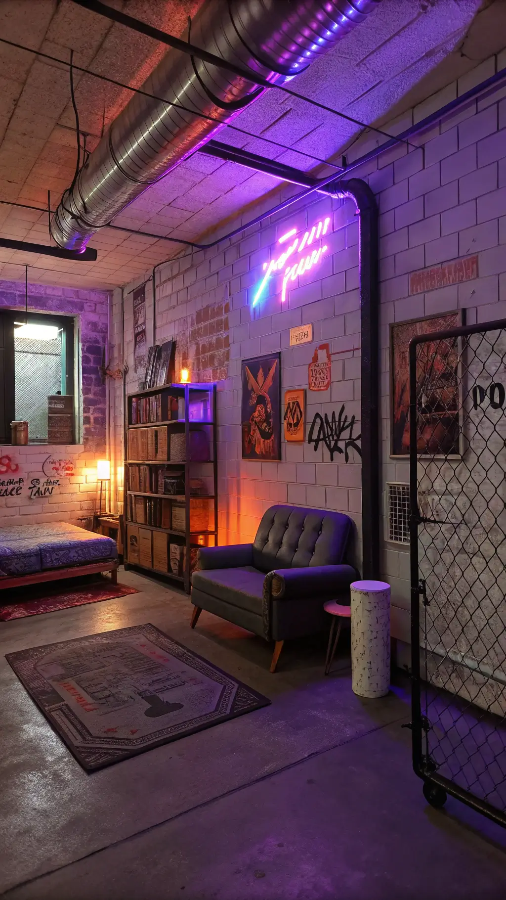 Twilight view of a compact, graffiti-decorated studio apartment with vintage neon signage, industrial shelving, Murphy bed with map mural, barber chair with distressed denim upholstery, and chain-link fence wall art.