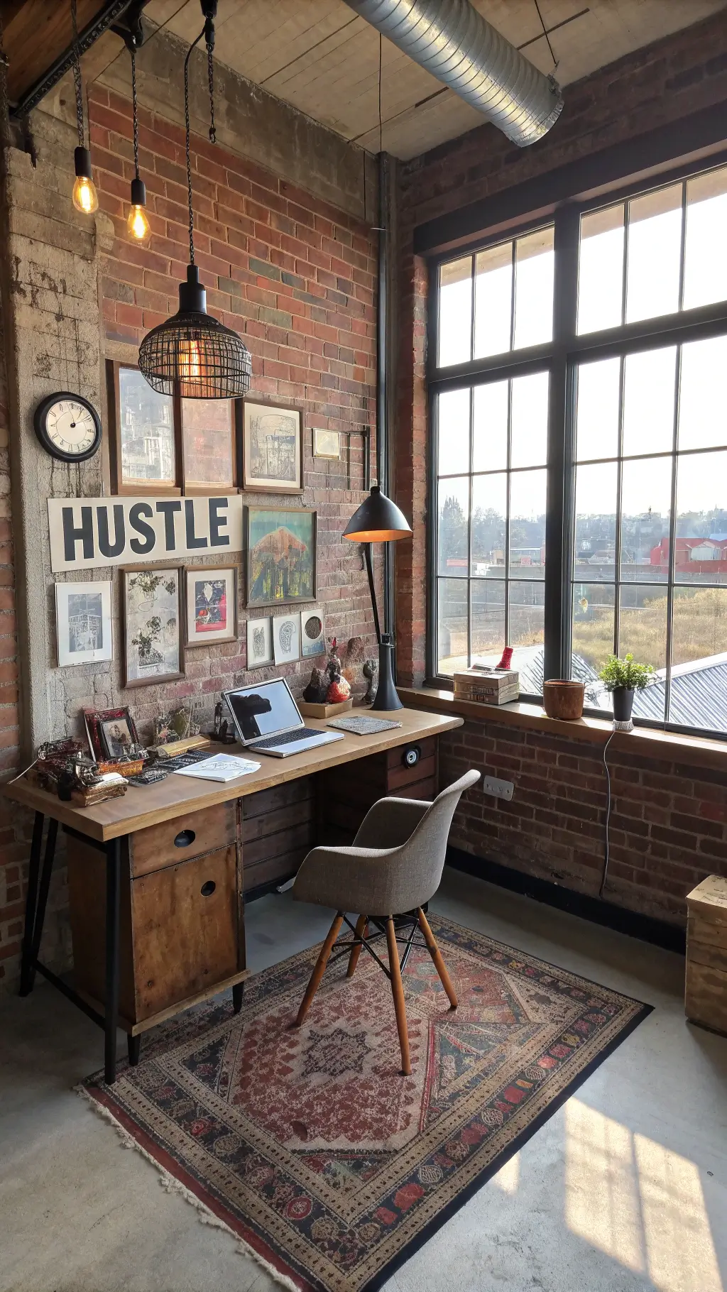 Creative industrial-chic home office with reclaimed desk, vintage chairs, street art prints on exposed brick wall, 'HUSTLE' neon sign, and pendant lights bathing the concrete floors and oriental runner in warm sunlight.