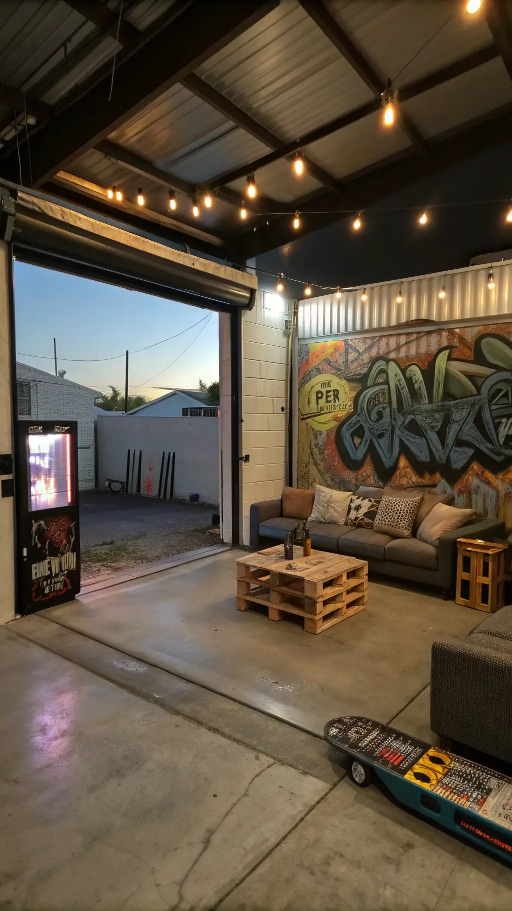 Dramatic interior of converted garage entertainment area with graffiti-covered wall, pallet furniture, vintage arcade machine, skateboard deck display, paint-splattered floors, and projector screening a street art documentary, lit by warm and cool lights.
