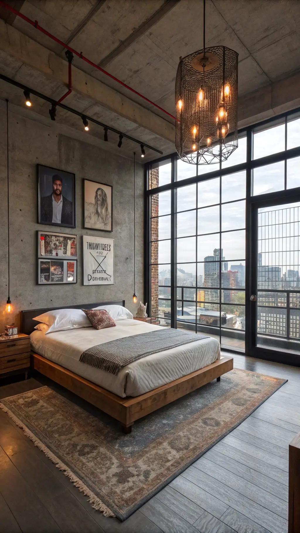 Photorealistic image of an urban inspired bedroom featuring polished concrete floors, floor-to-ceiling windows, reclaimed scaffolding bed, industrial wardrobe, vintage poster decor, and a suspended Edison bulb chandelier, highlighted by morning light gradients casting a color story of charcoal, copper, cream, and electric blue.