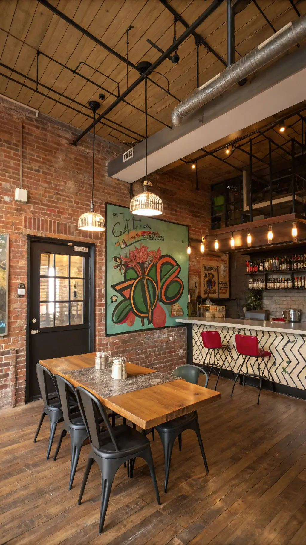 Graffiti art on brick wall in an eclectic dining area with industrial table, vintage chairs, metal shelves, concrete countertop bar, subway-tile accent wall and exposed beams, bathed in golden hour lighting.