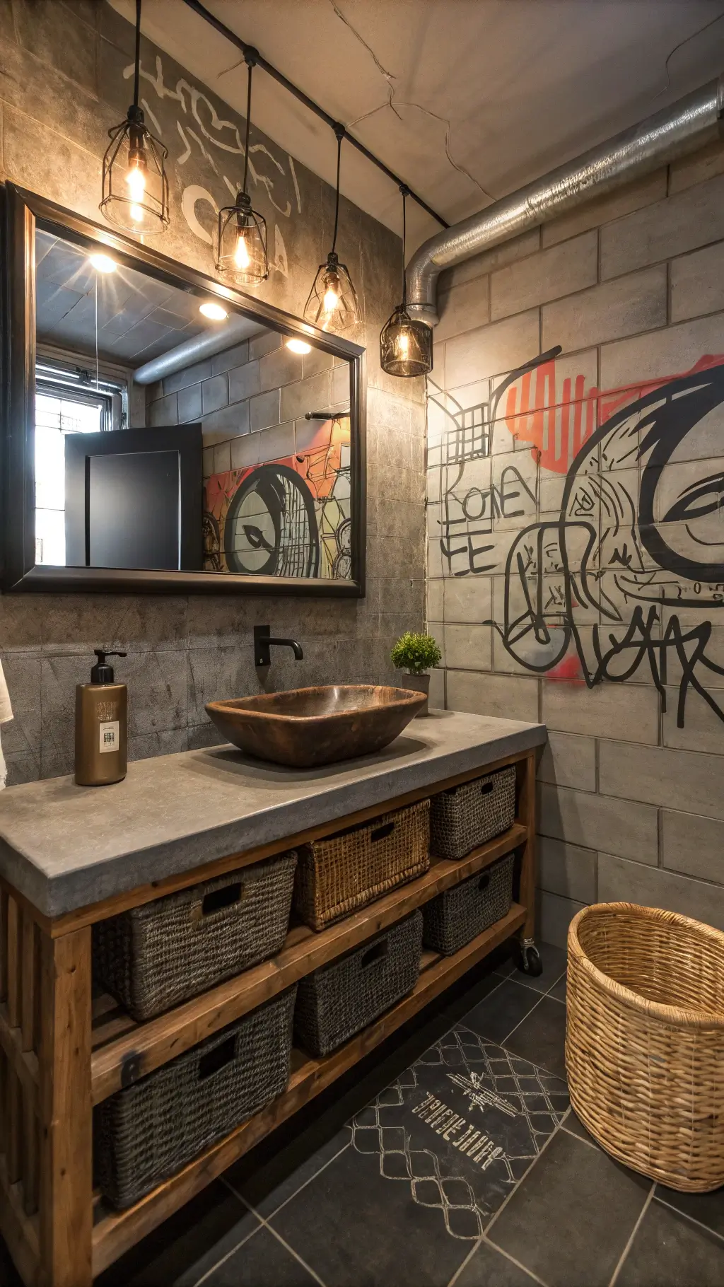 Artistic urban spa bathroom with industrial chic makeover, featuring concrete graffiti walls, exposed copper plumbing, wood vanity, subway tiles, vintage mirror, Edison bulb lighting, and black hexagon floor tiles