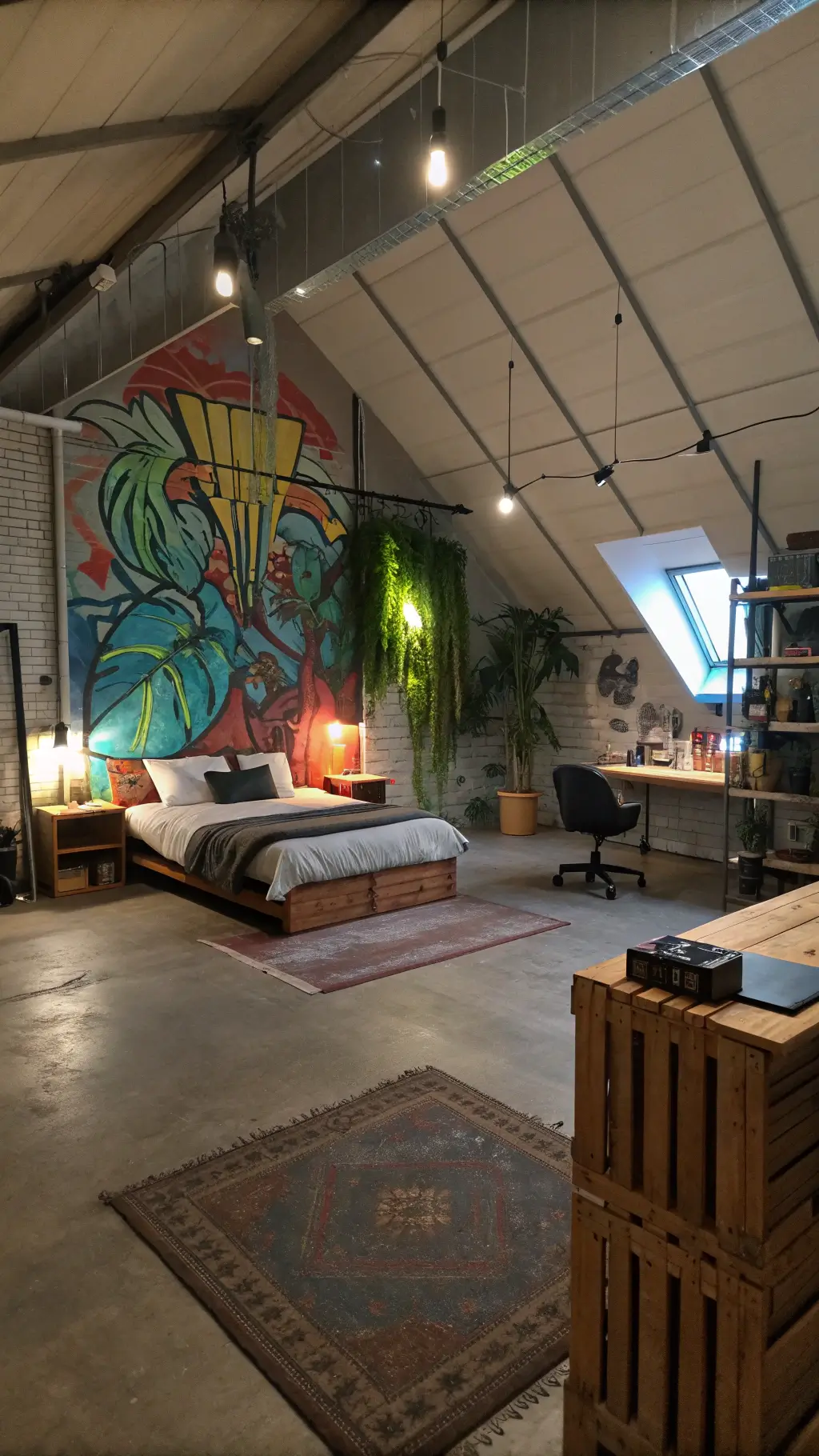 Cinematic dusk image of a 16x18ft urban loft with a graffiti mural partitioning sleeping area and workspace, featuring industrial room divider with hanging plants, concrete floor with zone-defining rugs, vintage drafting table, leather butterfly chair, platform bed with reclaimed crate storage, neon-illuminated ceiling beams, street photography gallery on the wall, and vintage amplifier stack as a nightstand. The atmosphere evokes a creative live-work balance.