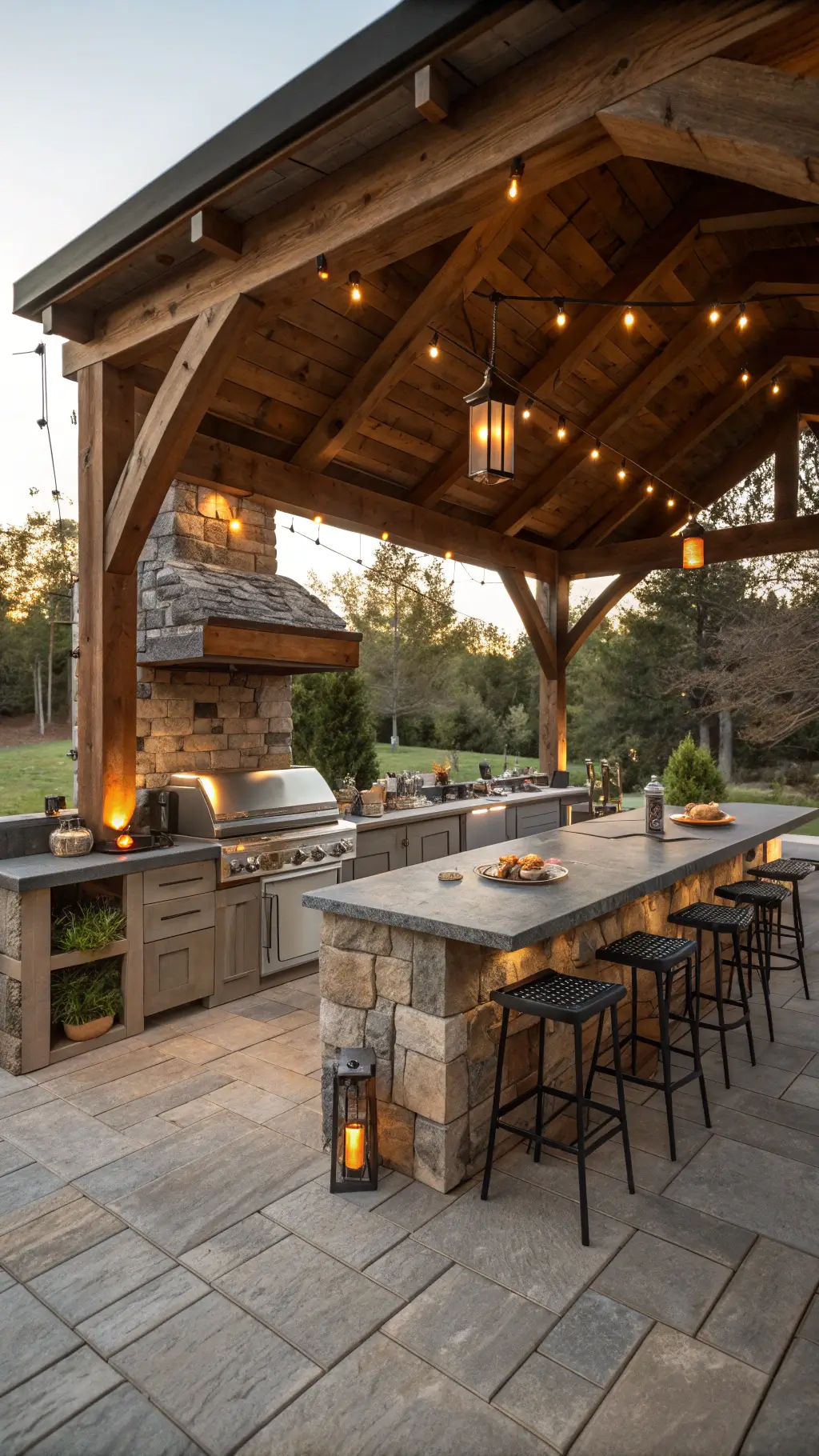 2600rustic outdoor kitchen pavilion golden hour