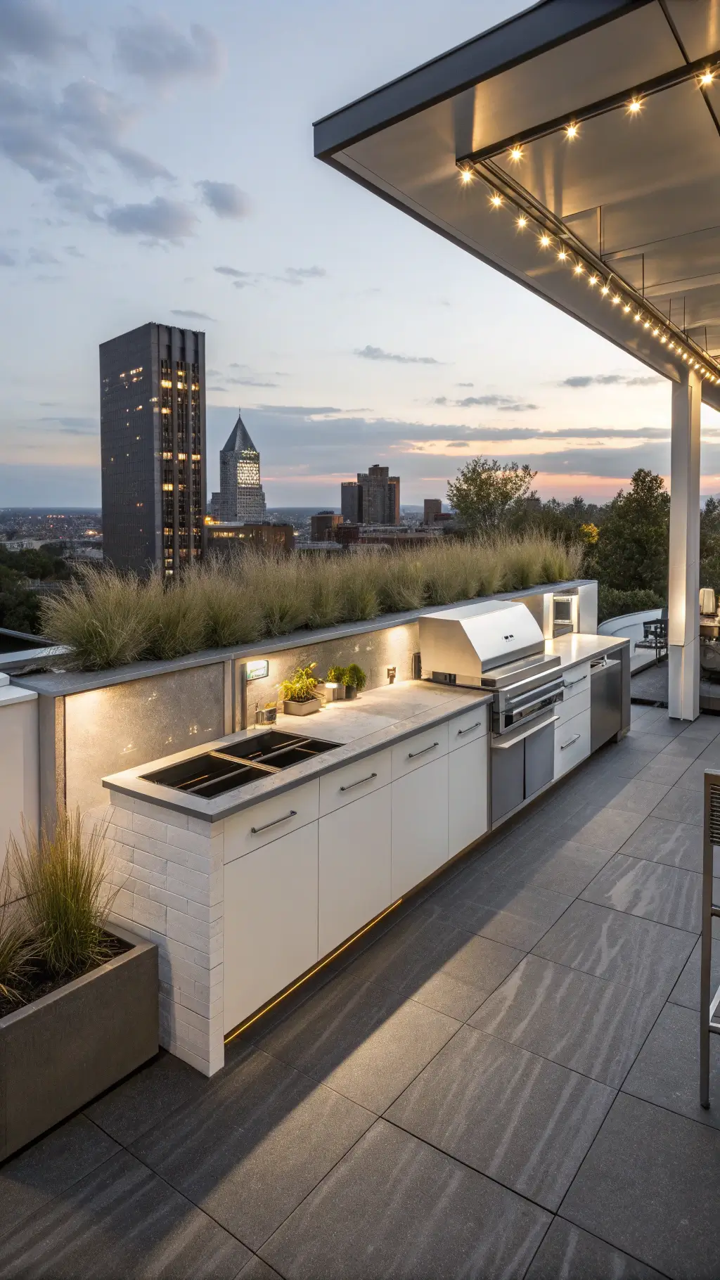 2601contemporary rooftop outdoor kitchen city views dusk