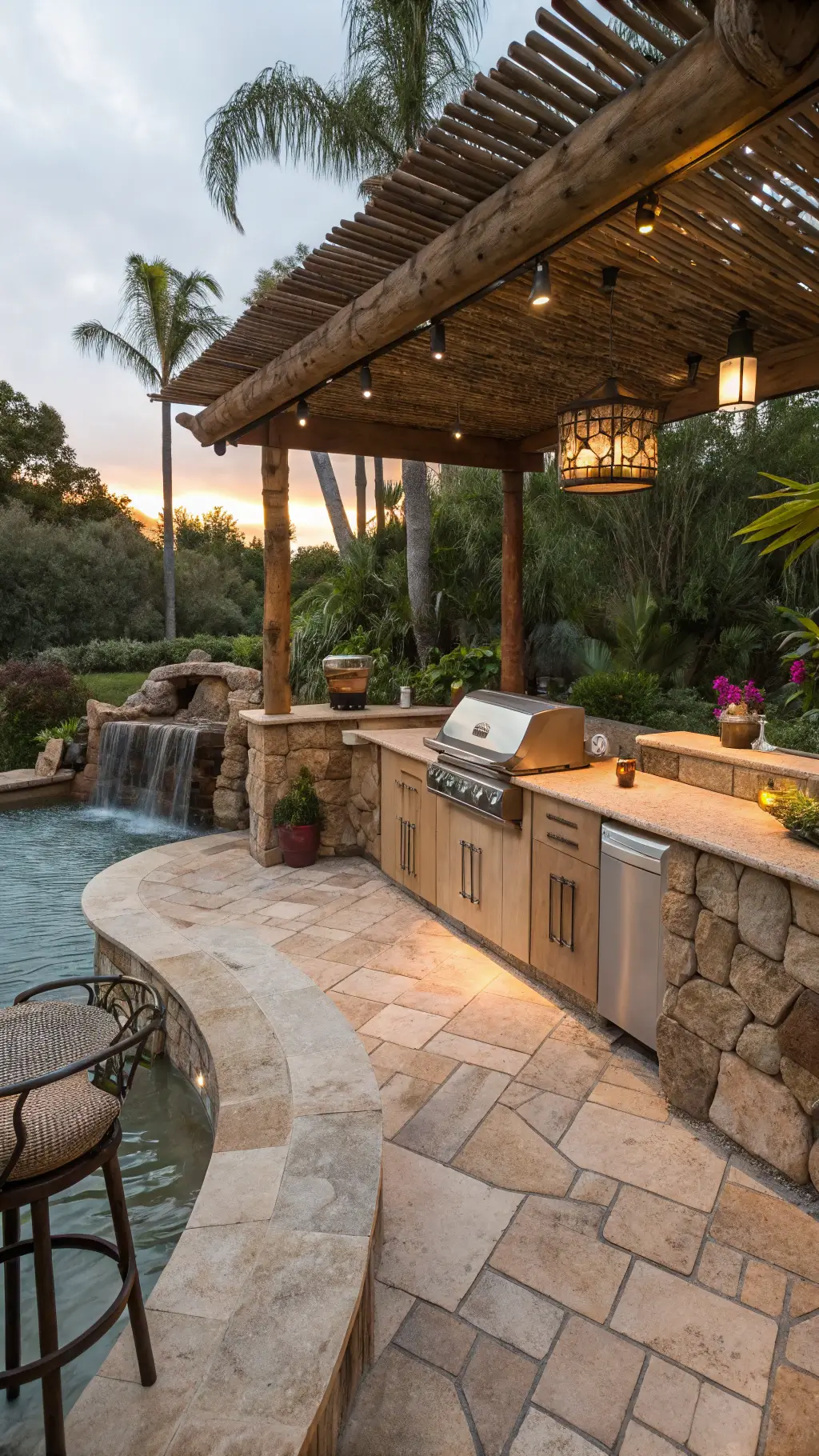 2604tropical paradise outdoor kitchen waterfall sunset