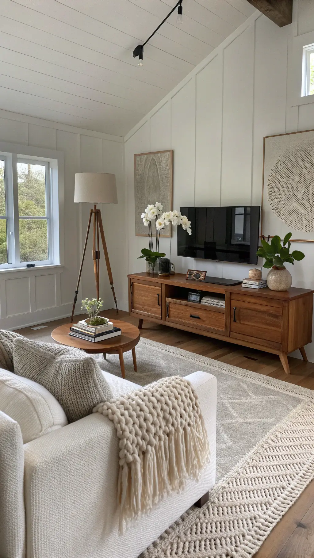Cozy Scandinavian den with plush ivory sofa, walnut media console, minimal decor, and textured elements like a cable knit throw and high-pile wool rug, under diffused morning light.