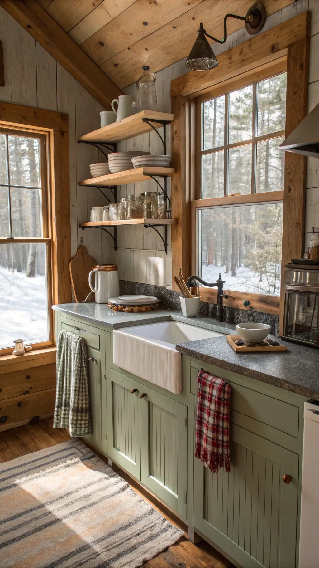 A cozy mountain cabin kitchen with sage green cabinets, soapstone countertops, pine shelving, vintage kitchen accessories, wool plaid dish towels and a steaming kettle on a vintage stove, bathed in crisp winter morning light.