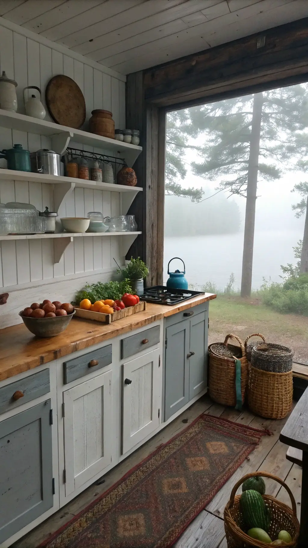 Rustic lakeside cabin kitchen with weathered grey cabinets, enamel coffee pots, butcher block peninsula with fresh eggs, antique skillets, and a view of a misty morning lake.