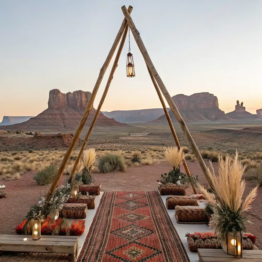 Desert ceremony setup at dusk featuring tall wooden triangle arch, pampas grass decor, kilim rug aisle, wooden benches, cacti in copper vessels, awaiting for mercury glass lanterns to be lit, with a backdrop of vast transitioning sky and distant mesas.