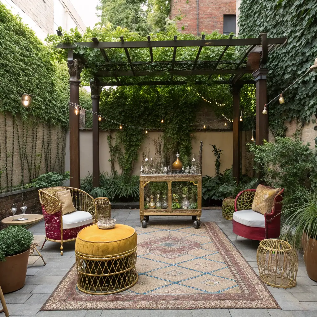 Ivy-covered garden courtyard with vintage bar cart, rattan peacock chairs, mustard velvet ottomans, Persian rugs, macrame plant hangers, terra cotta urns, and Moroccan star lanterns lit by late afternoon sunlight.