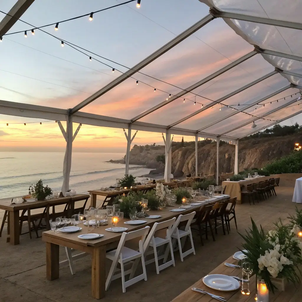 2661oceanside cliff wedding reception tent sunset