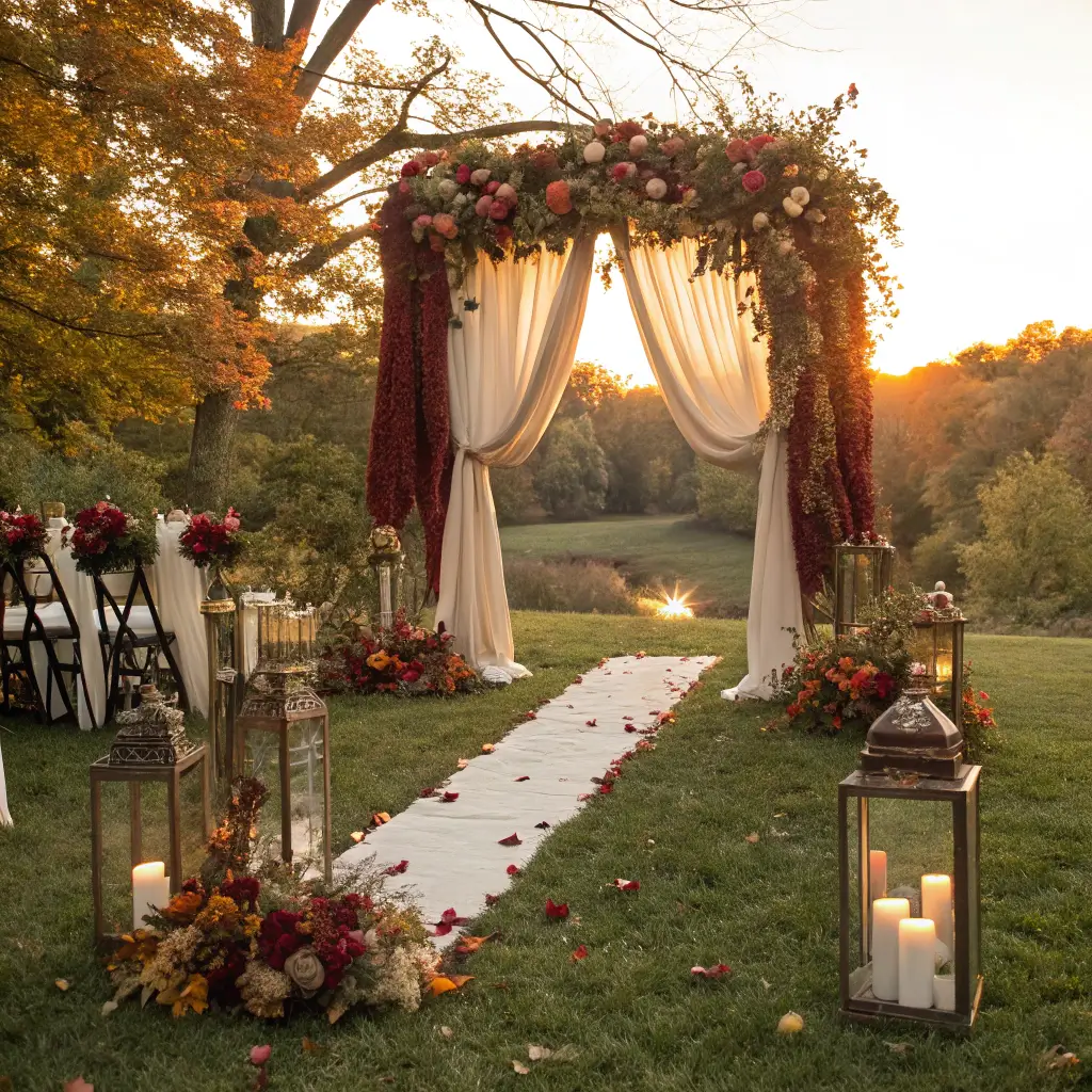 2680autumn wedding copper arch sunset backdrop