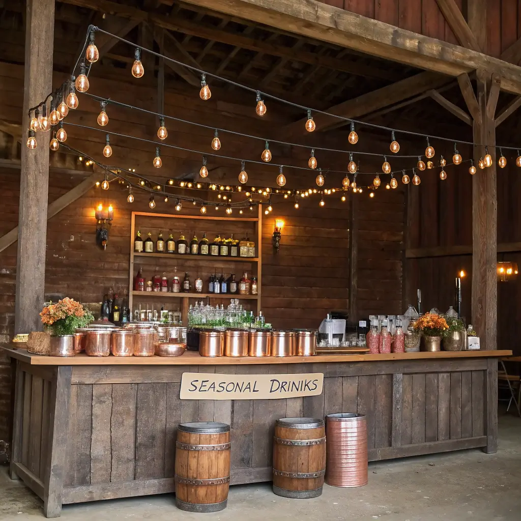 2681rustic autumn wedding barn bar setup