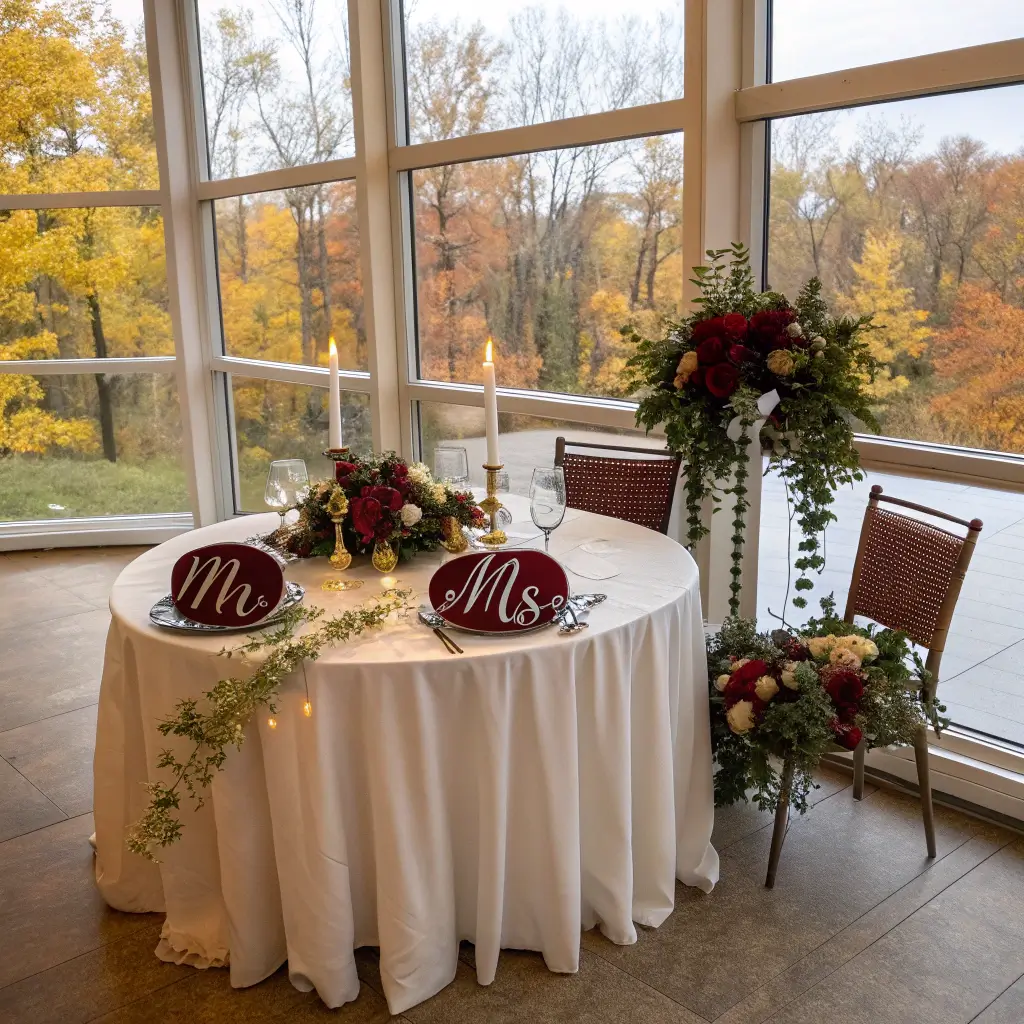 2682autumn wedding sweetheart table burgundy gold