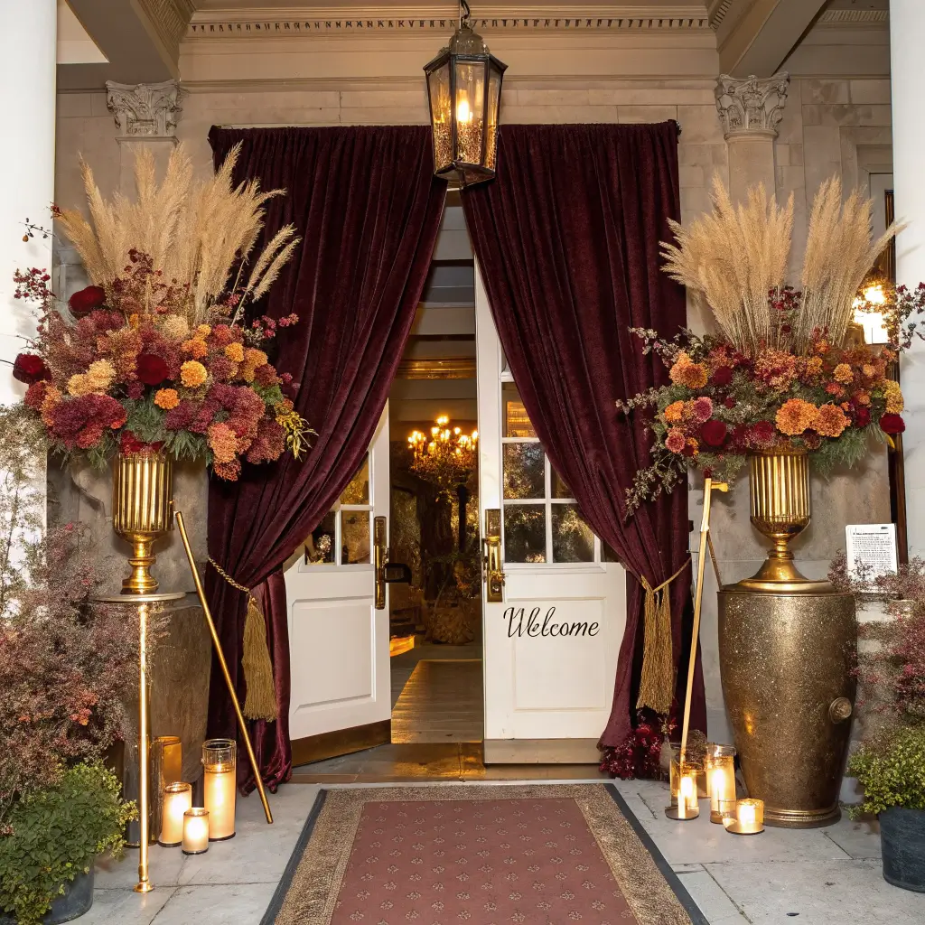 2683autumn wedding entrance burgundy drapes brass lanterns