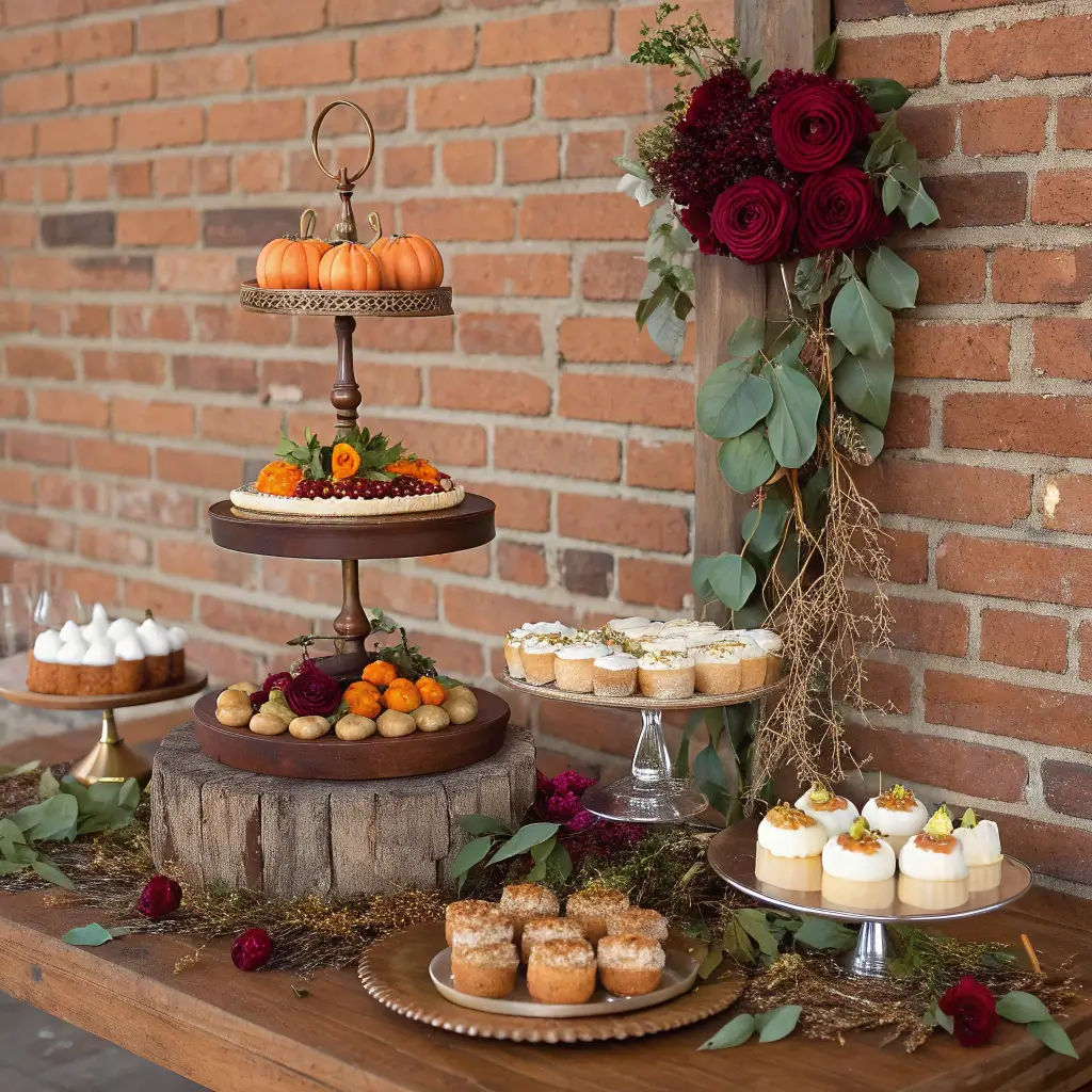 2684autumn wedding dessert table rustic brick