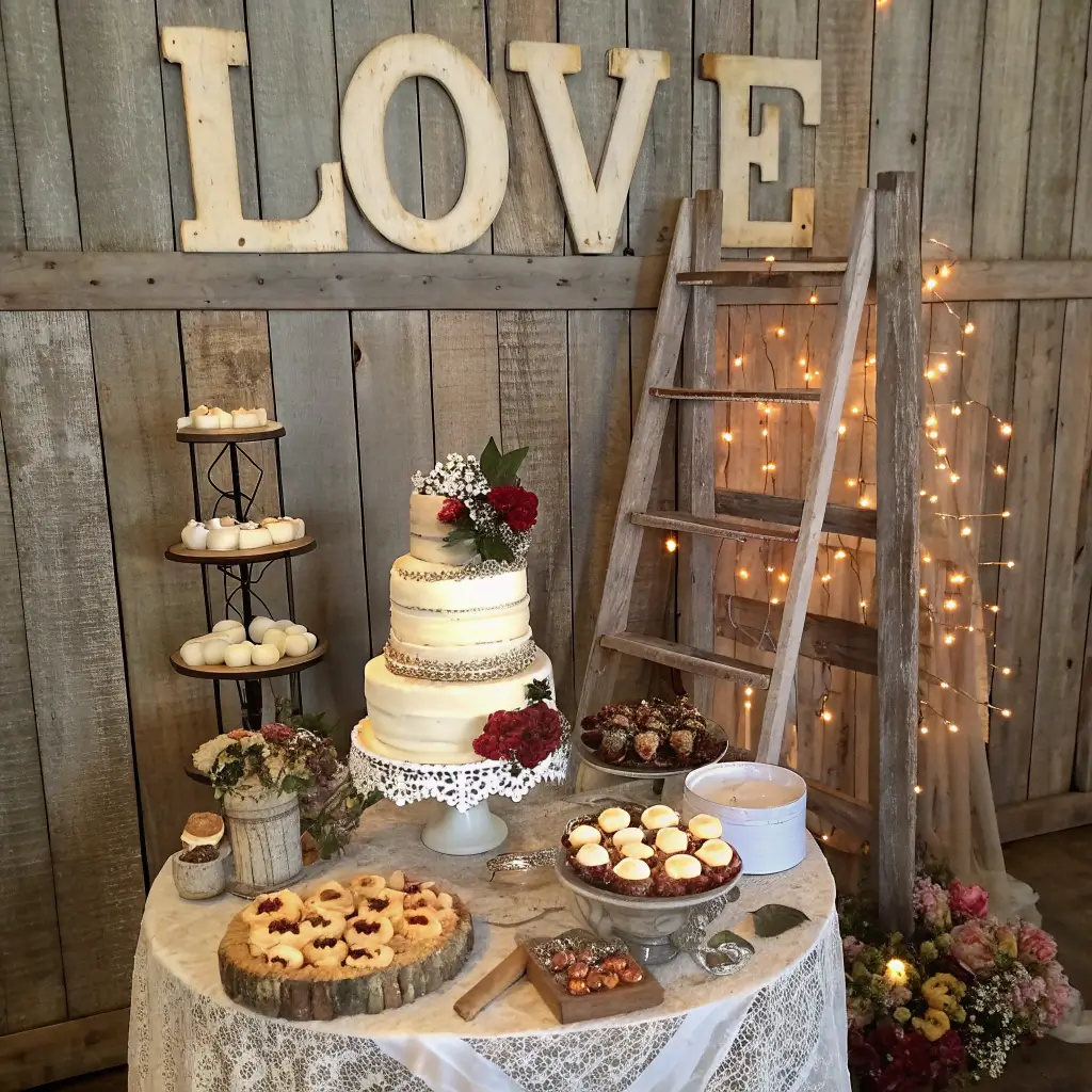 2707rustic dessert display barn door wedding cake