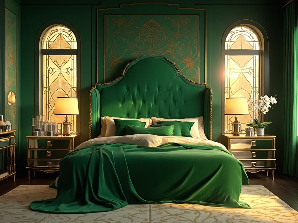 "Art Deco bedroom with emerald green velvet headboard, brass accents, and geometric patterns on a luxurious background bathed in golden hour light"