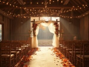 "Autumn wedding ceremony in rustic barn with burgundy roses and pampas grass arch, vintage decor, under warm golden hour light."