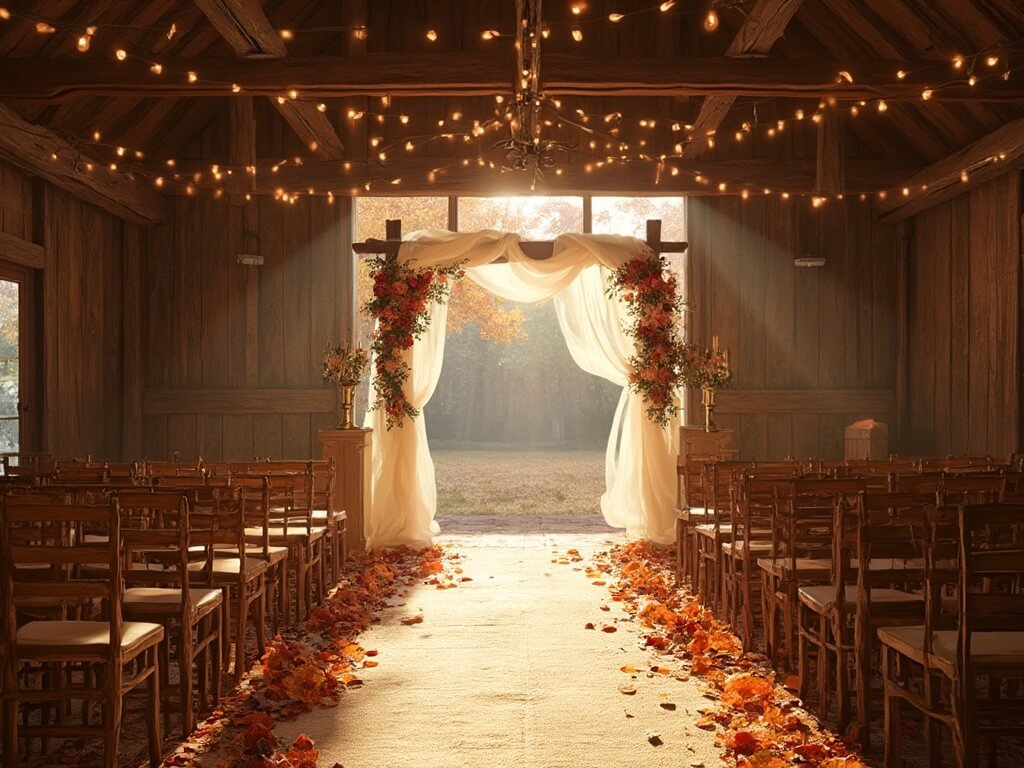"Autumn wedding ceremony in rustic barn with burgundy roses and pampas grass arch, vintage decor, under warm golden hour light."