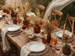"Boho wedding reception table with pampas grass, macrame, wildflowers, and mismatched vintage china on a natural wood table, lit by warm golden hour light."