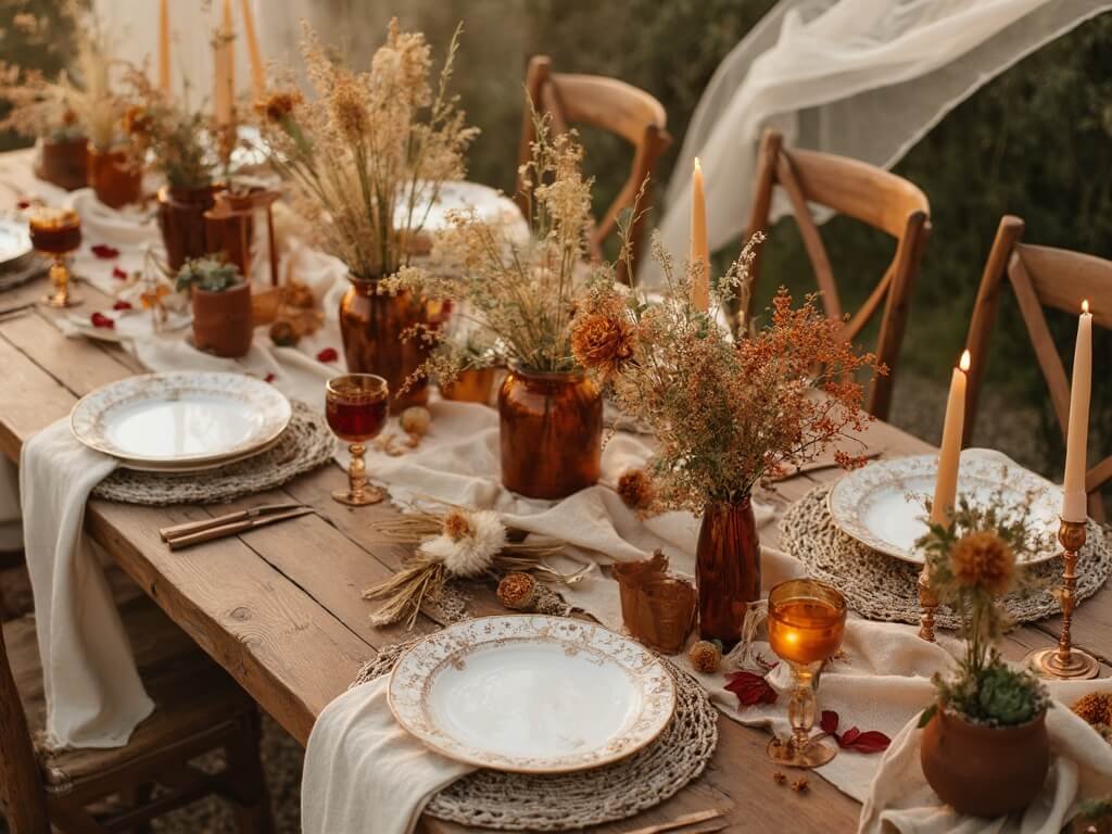 "Boho wedding reception table with pampas grass, macrame, wildflowers, and mismatched vintage china on a natural wood table, lit by warm golden hour light."