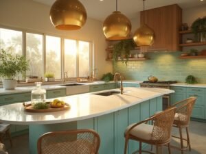 "Contemporary kitchen with sage cabinets, curved white quartz island, brass pendant lights, and rattan bar stools, bathed in warm golden hour light"