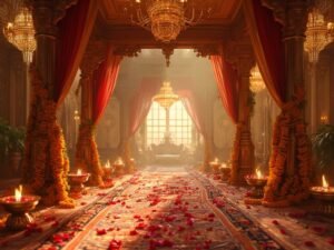 "Opulent Indian wedding mandap adorned with marigold garlands, brass diyas, and silk drapes in a grand ballroom during golden hour"