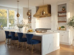"Luxurious kitchen with white marble island, brass fixtures, navy blue velvet bar stools, and warm sunlight illuminating the space"