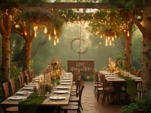 "Enchanted forest wedding setup with rustic tables, moss runners, wildflower centerpieces, fairy lights, and a sign reading 'Love Grows Here'"