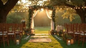 "Intimate garden wedding setup with wooden arch, eucalyptus branches, string lights, and vintage decor at golden hour"
