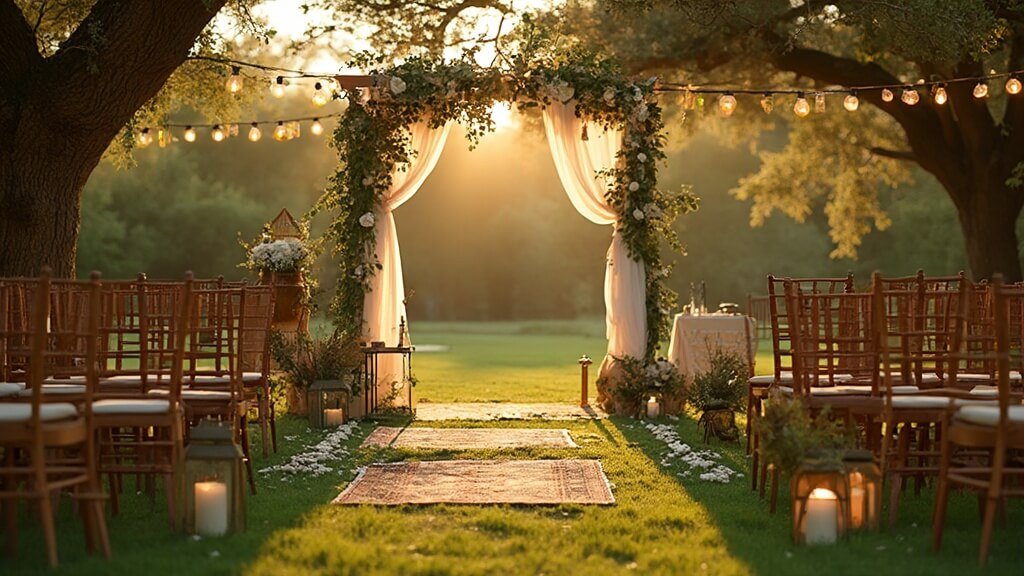 "Intimate garden wedding setup with wooden arch, eucalyptus branches, string lights, and vintage decor at golden hour"
