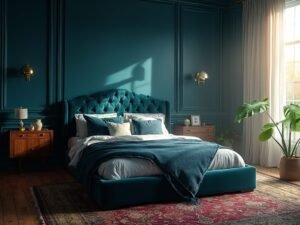 "Luxurious moody blue bedroom with velvet headboard, brass accents, and sophisticated decor"