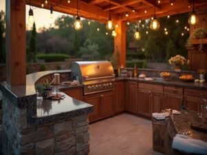 "Luxurious outdoor kitchen at golden hour with stainless steel grill, black granite countertops, teak cabinetry, and Edison bulb string lights"